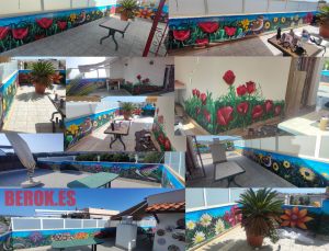 mural terraza flores amapolas vegetacion graffitis arte pajaros
